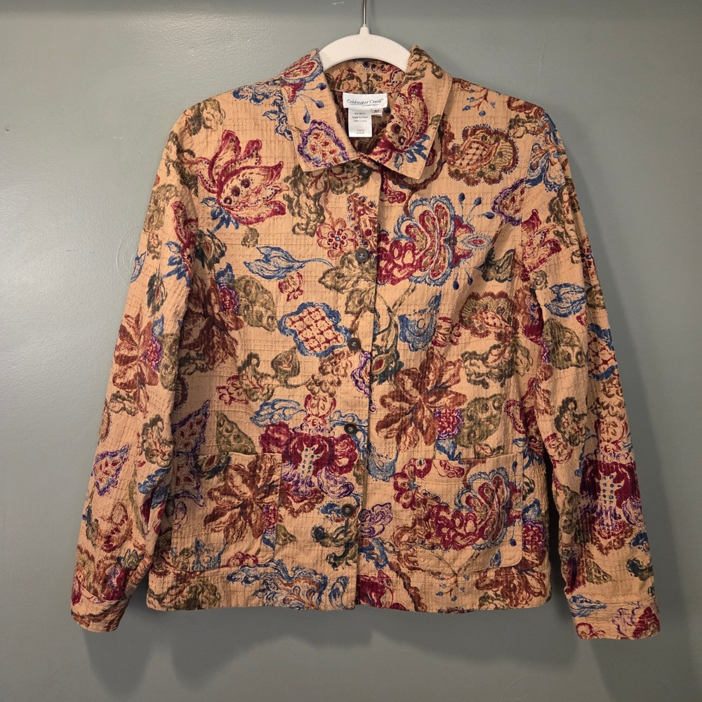 Coldwater Creek Women's Cotton Button Up Shirt Jacket Size M Tan Floral Print